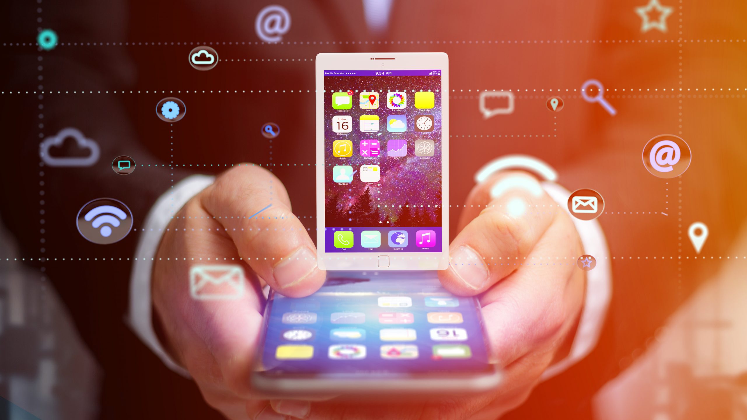 Businessman using a smartphon ewith a tablet surrounding by app and social icon - 3d render